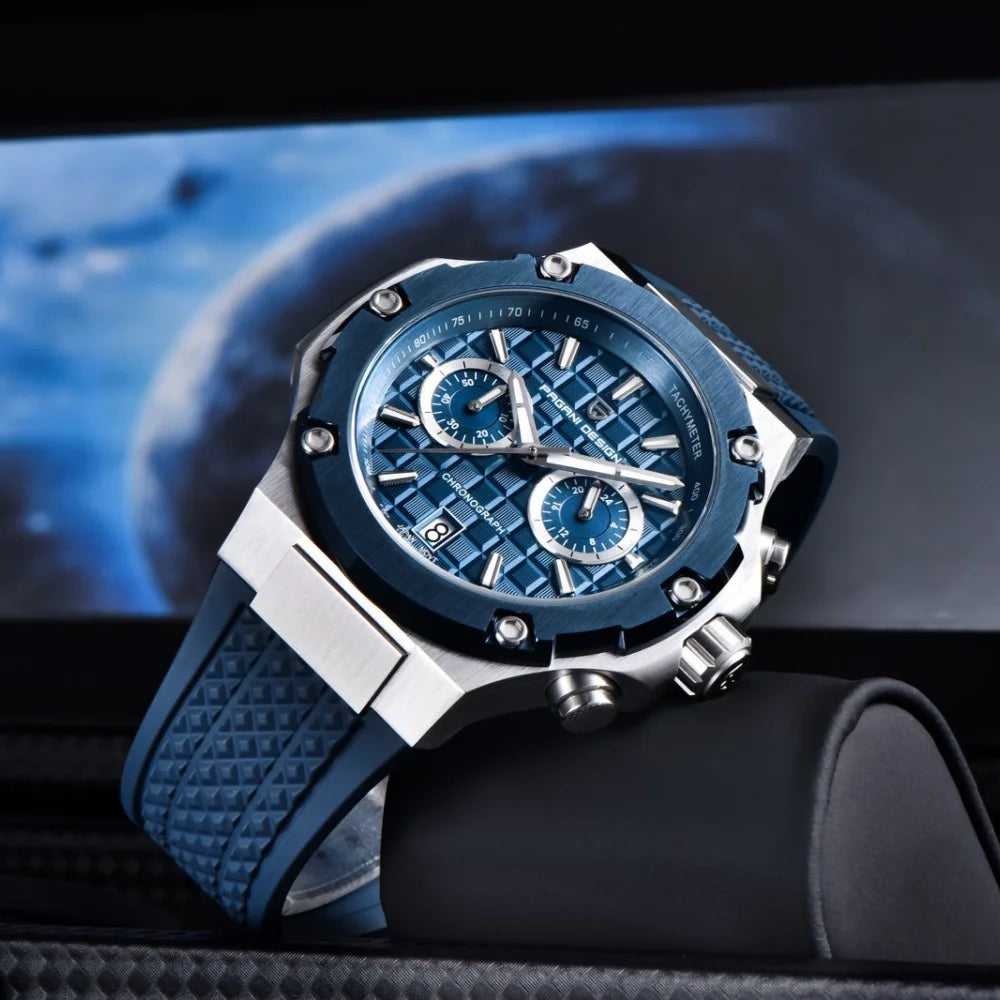 PAGANI DESIGN PD-YS032 Men's Quartz Watch 44mm Japan VK64 Movt Stainless Steel Case Rubber Strap Sapphire Glass 100M Waterproof