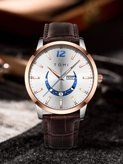 TOMI quartz watch, business-style and elegant, with a leather strap, alloy case and analogue dial – High-end design, a gift idea for men