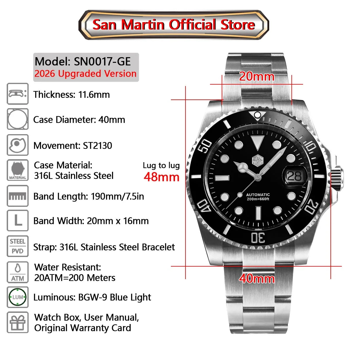 San Martin Upgraded Version 40mm Water Ghost Diver Watch Men Luxury Automatic Mechanical Watches Sapphire Waterproof 200m SN0017