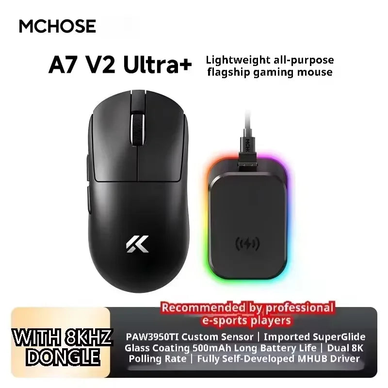 MCHOSE A7 V2 Ultra Wireless Gaming Mouse with PixArt 3950Ti Sensor, 8K Polling Rate, Lightweight Bluetooth & 2.4G RGB Gaming Mouse