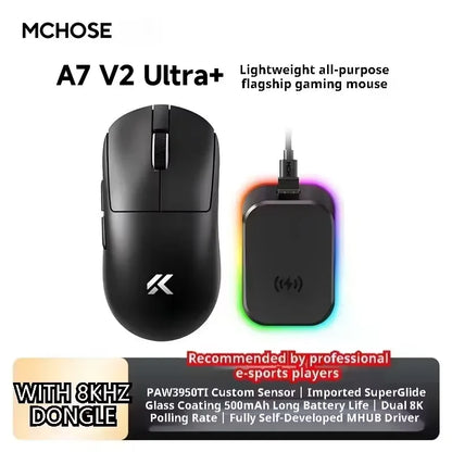 MCHOSE A7 V2 Ultra Wireless Gaming Mouse with PixArt 3950Ti Sensor, 8K Polling Rate, Lightweight Bluetooth & 2.4G RGB Gaming Mouse