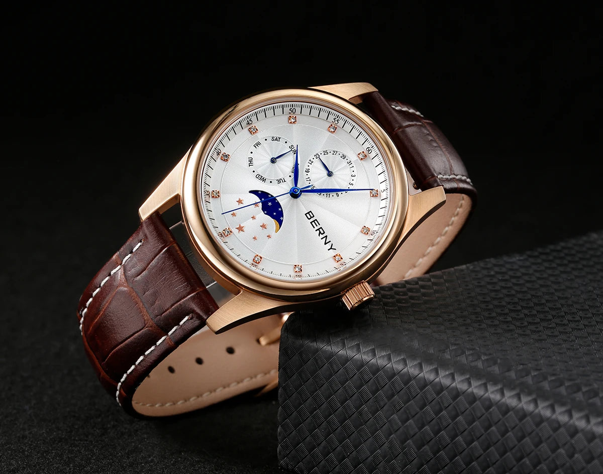 BERNY Men Watch Date Weeks Moon Phase Quartz Watches for Men Stainless Steel Leather Strap Business Wristwatch Male Clock