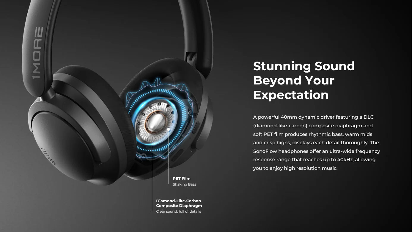 1MORE SonoFlow Active Noise Cancelling Headphones Wireless Bluetooth 5.0 HiFi Headset with 70H Playtime, LDAC Audio, Clear Calls & ANC Technology