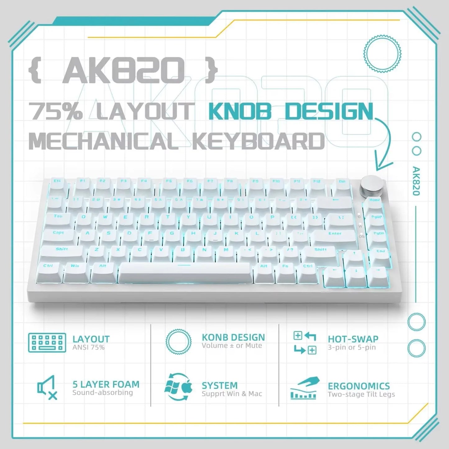 AJAZZ AK820 Wired Mechanical Keyboard Full-Key Hot-Swap Keyboard with Removable USB Port, White & Ice Blue Backlit Gaming Keyboard for PC