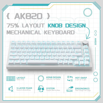 AJAZZ AK820 Wired Mechanical Keyboard Full-Key Hot-Swap Keyboard with Removable USB Port, White & Ice Blue Backlit Gaming Keyboard for PC