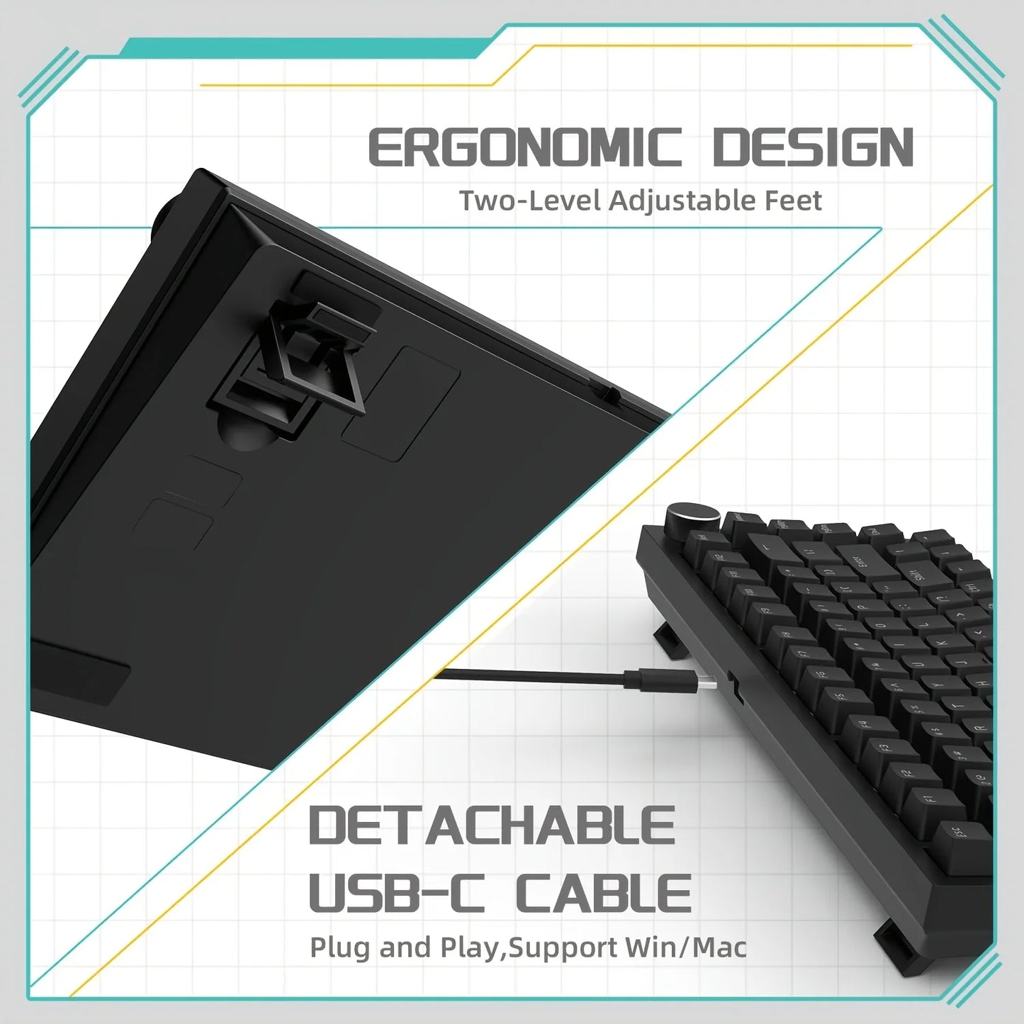 AJAZZ AK820 Mechanical Keyboard Hot-Swappable 82-Key Wired Keyboard with Rotary Volume Knob for Office, Gaming & Home
