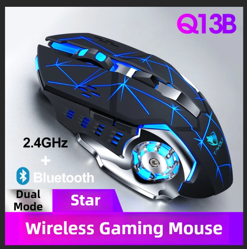Q13 Bluetooth Wireless Mouse RGB Rechargeable Gaming Mouse, 2.4G Wireless Mouse with Adjustable DPI, 6 Buttons for PC, Laptop & Tablet
