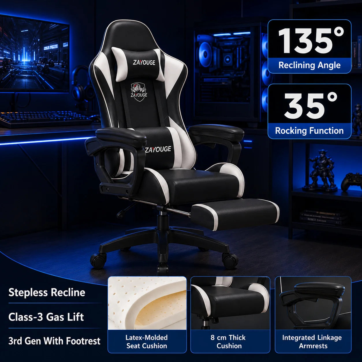 AOLIVIYA Gaming Reclining Chair Ergonomic Office Chair with Footrest, Adjustable Swivel Computer Chair, Racing Style E-Sports Gaming Seat