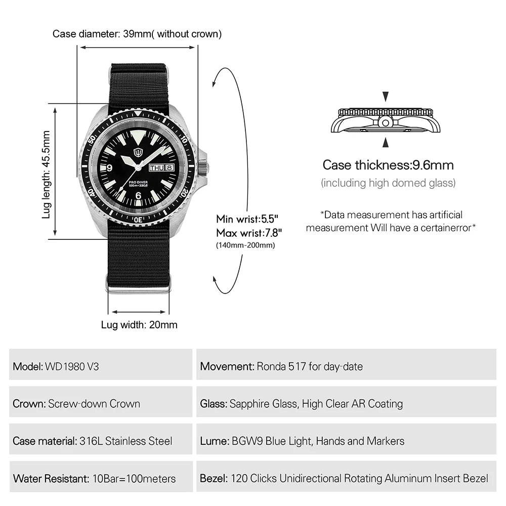 Watchdives WD1980 V3 Quartz Watch VH31 Sweep Movement Sapphire Vintage Watch 100m Waterproof Stainless Steel Luminous Mens Watch