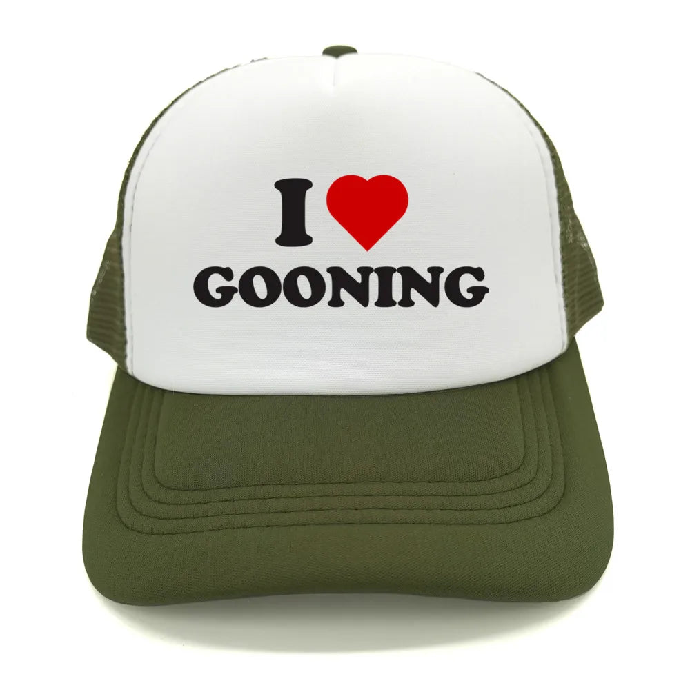 Sjove „I Love Gooning“-baseballkasketter – Cool sommerhat til mænd i netstof – Humoristisk truckerkasket – Unisex udendørs kasketter i netstof – MZ-080