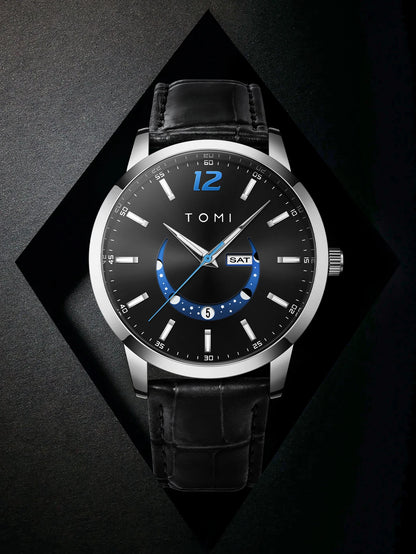 TOMI quartz watch, business-style and elegant, with a leather strap, alloy case and analogue dial – High-end design, a gift idea for men