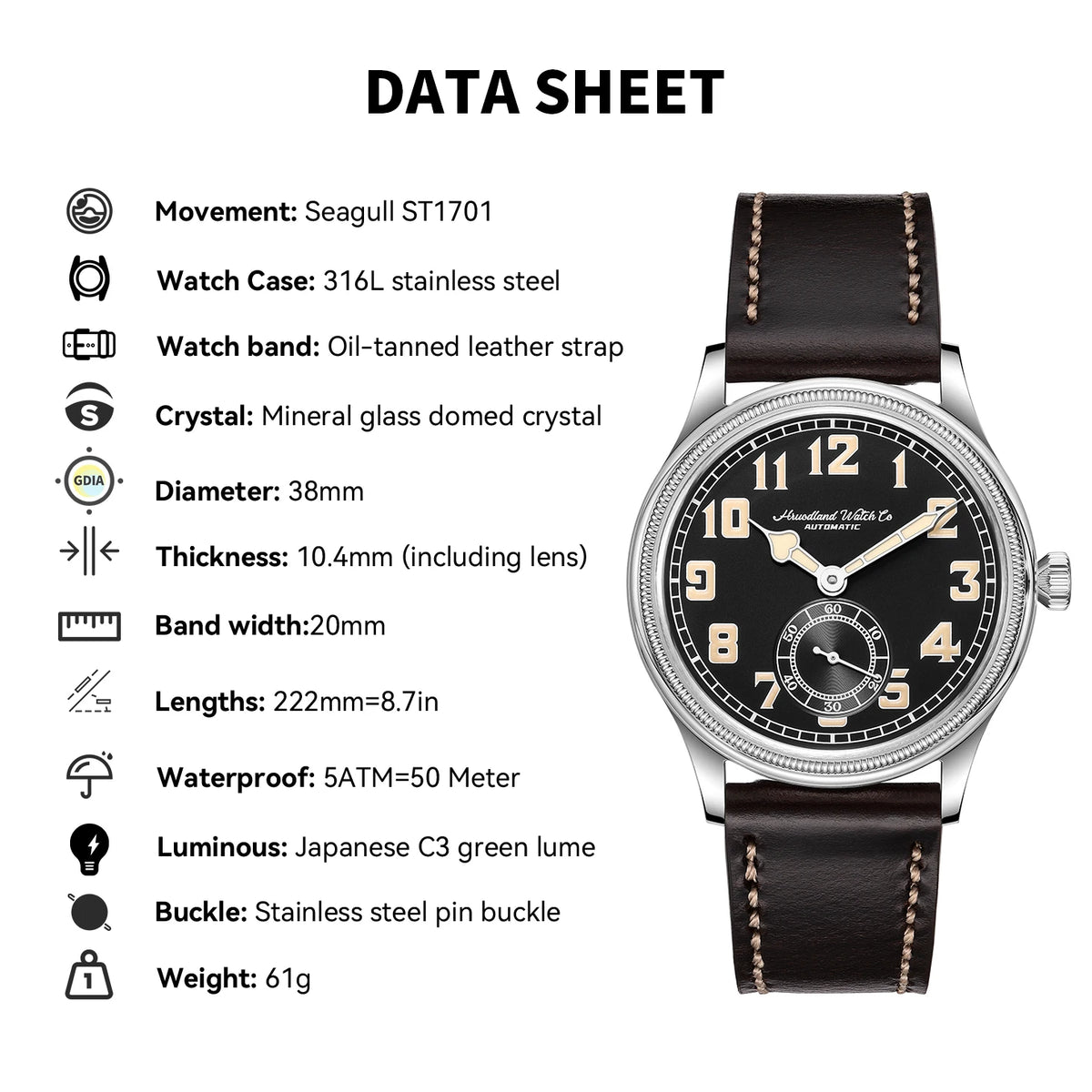 HRUODLAND Retro Flieger Automatic Watches for Men 38mm Seagull ST1701 Mechanical Wristwatch C3 Green Luminous K1 Mineral Bubble Crystal Oil Leather Strap Business Pilot Watch