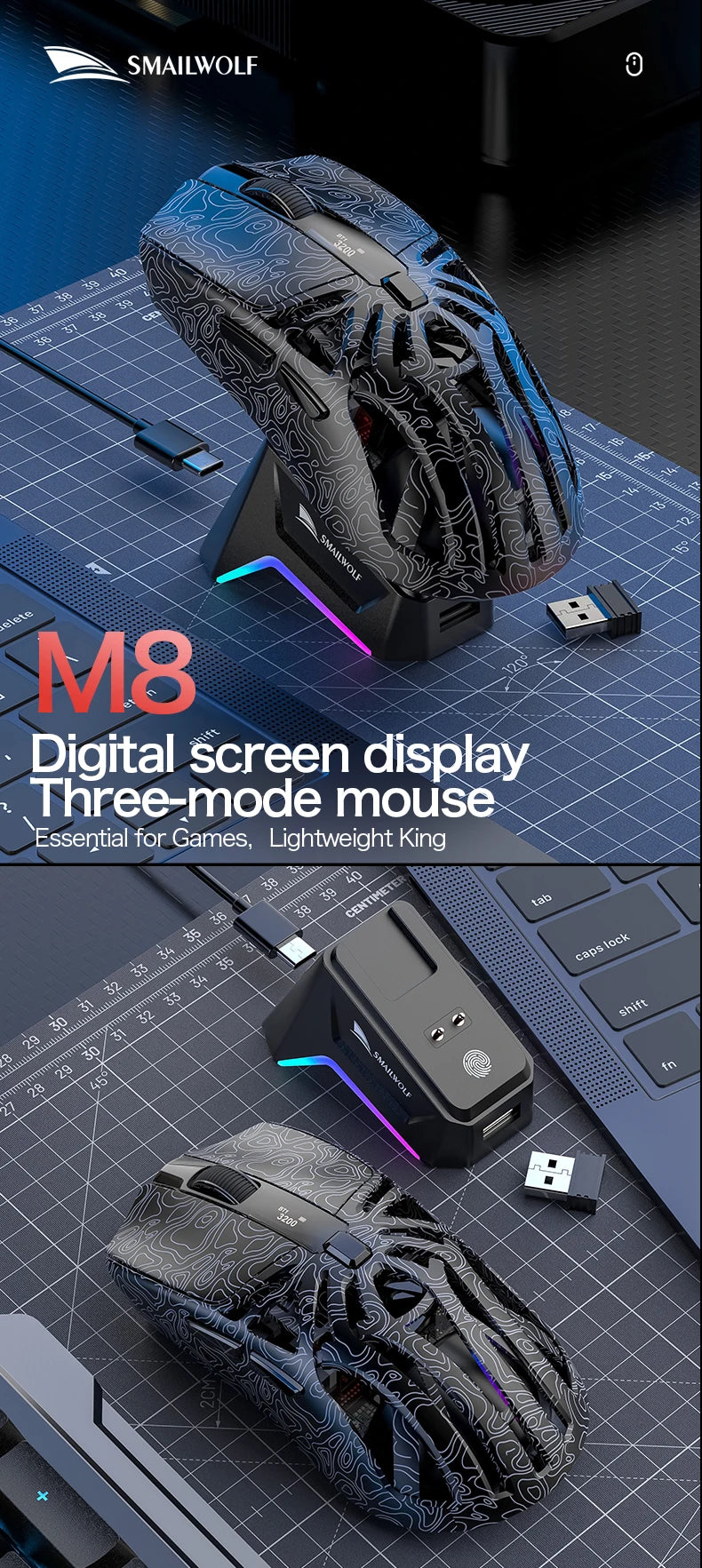 SMAILWOLF M8 Wireless Bluetooth Tri-Mode Gaming Mouse, 12000 DPI Lightweight RGB Gaming Mouse with PAW3311 Sensor, Magnetic Charging Dock