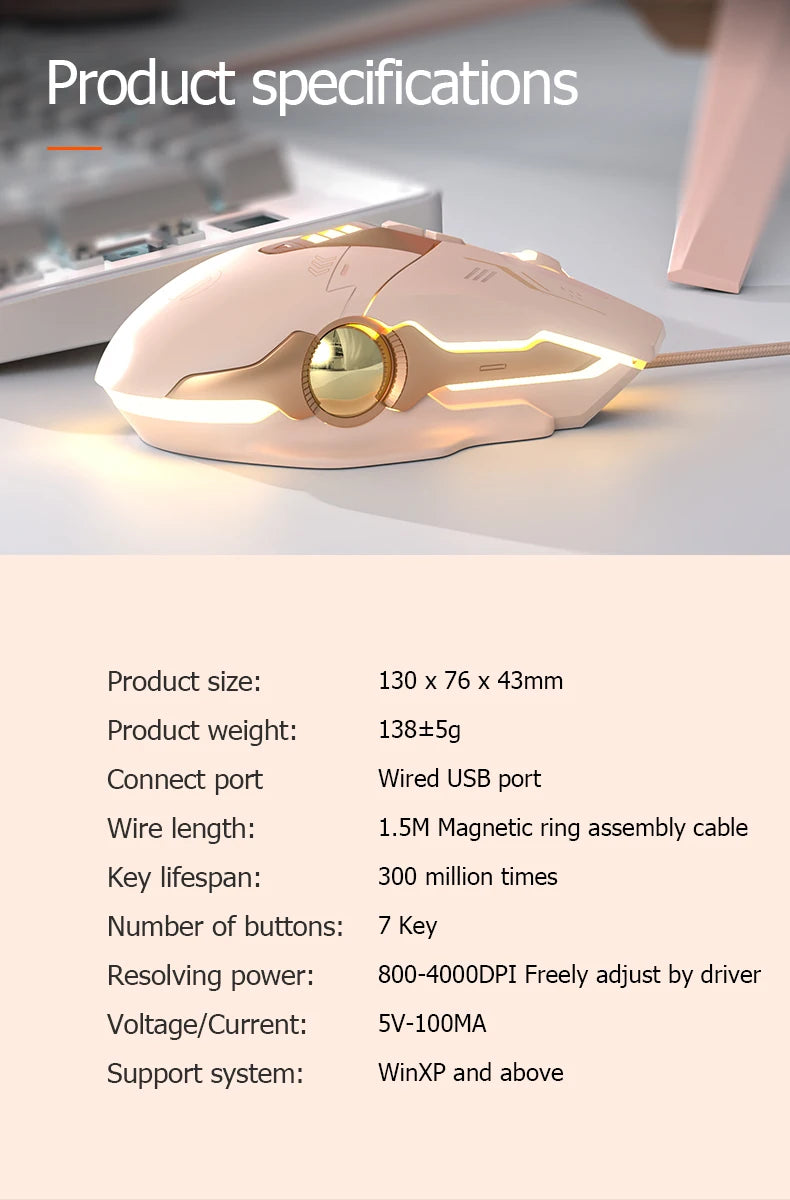 Inphic W8 Wired Gaming Mouse 4000DPI RGB Backlit Computer Mouse with 7 Buttons Macro Programming Silent Click USB Gaming Mouse