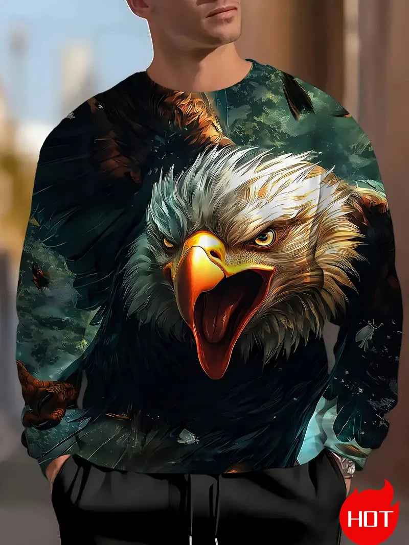 Men's Eagle Printed Casual Sweatshirts Long Sleeve Streetwear 3D Animal Printing Hip Hop Male Tops Plus Size Crewneck Pullover