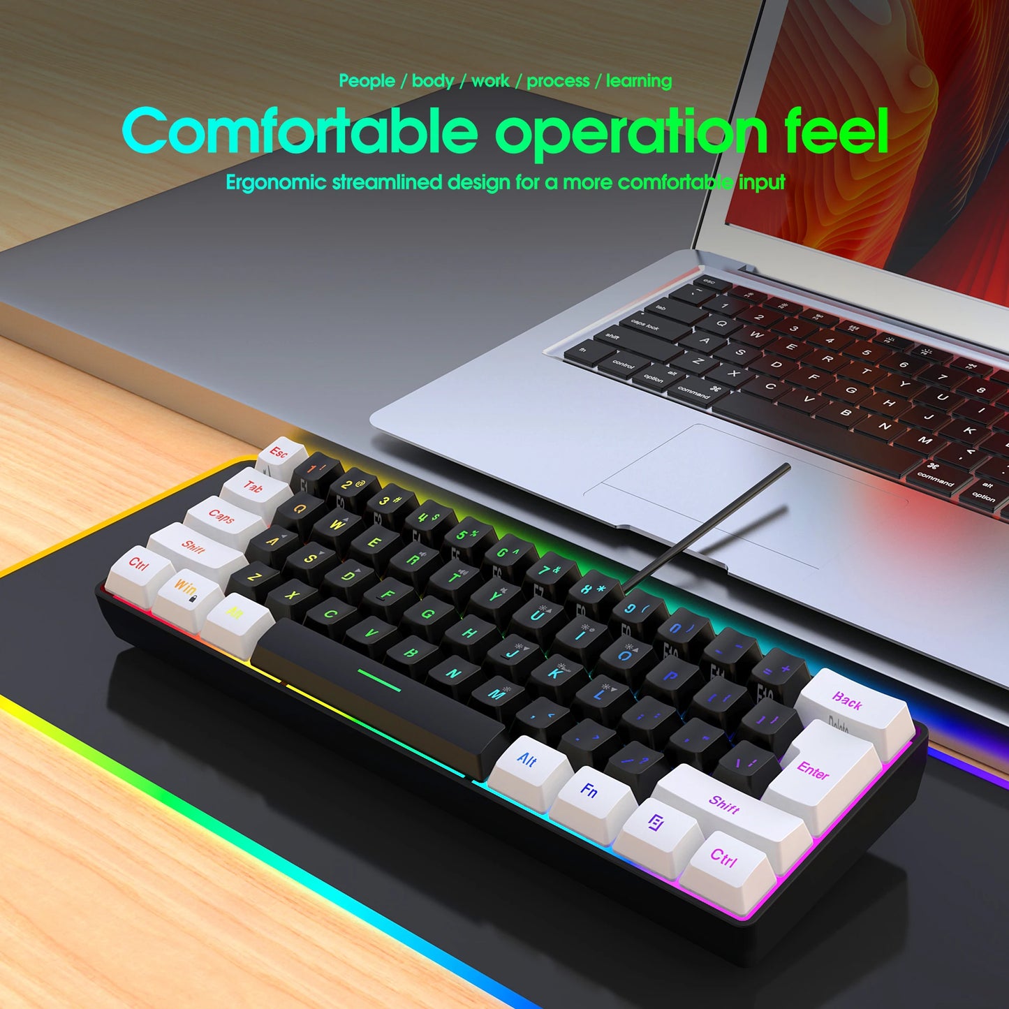 60% Gaming Keyboard Wired RGB Backlit Mini 61 Keys Membrane Keyboard Anti-Ghosting No-Conflict Ultra-Compact for Gamers
