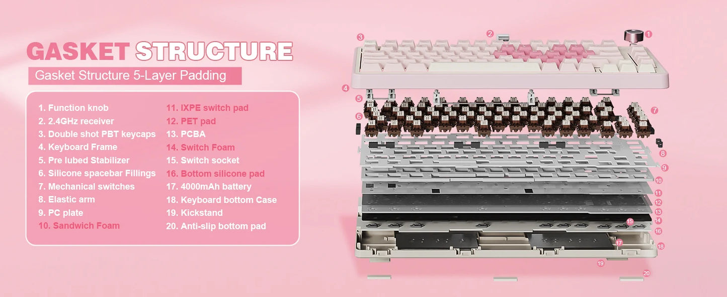 YUNZII B75 PRO Pink Mechanical Gaming Keyboard, Bluetooth/Wire/Wireless 75 Knob RGB Keyboard, Gasket Hot-Swap Custom Creamy Keeb