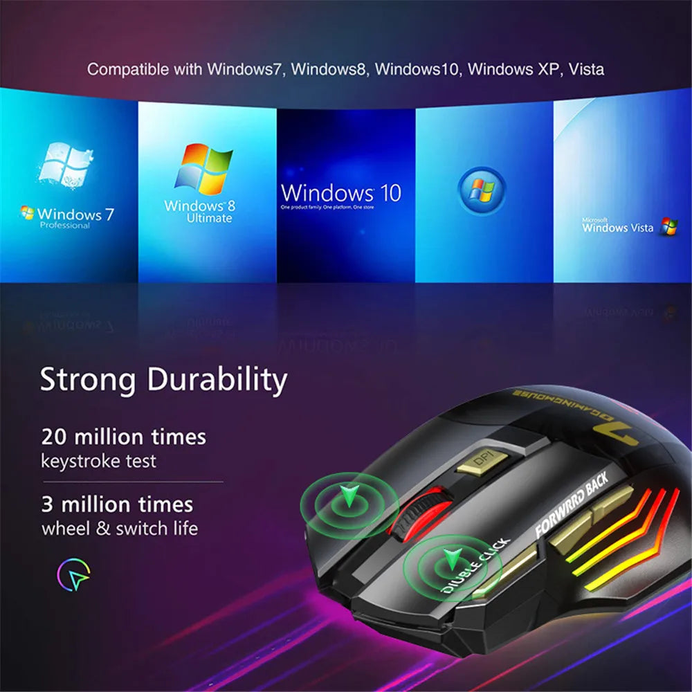 Wireless Bluetooth Mouse Rechargeable RGB Gaming Mouse, Ergonomic Silent Wireless Bluetooth Mouse with 7 Buttons, 3200 DPI Bluetooth Mouse for PC, Laptop & Mac