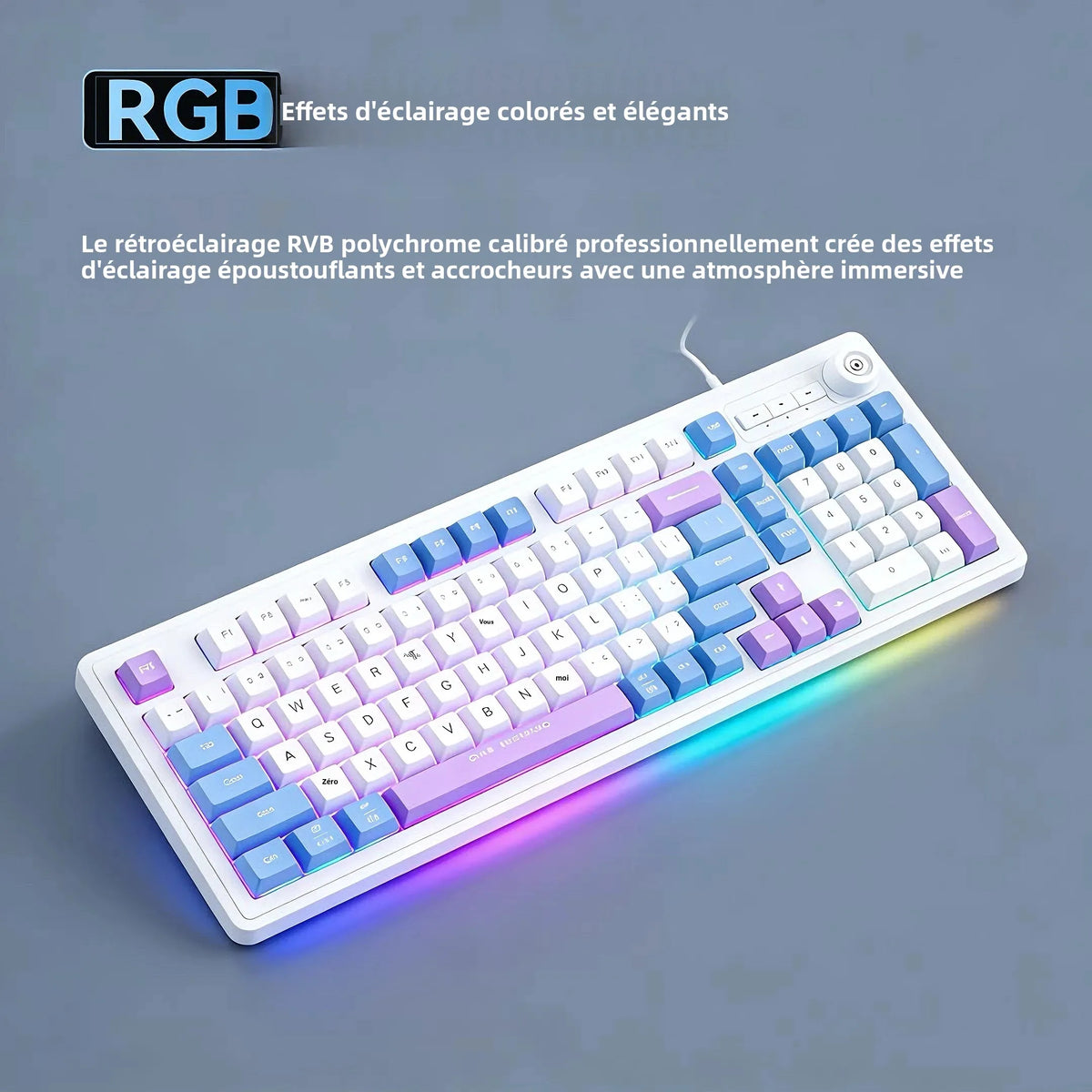 Kablet gaming-tastatur med mekanisk tastfølelse og drejeknap samt trefarvet blandet baggrundsbelysning til PC, stationær computer og bærbar computer – tilbehør