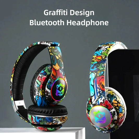 Auriculares gaming Bluetooth inalámbricos New Graffiti LX-8686 con micrófono, luz LED, compatibilidad con tarjeta TF, graves profundos y diseño circumaural para PC, gaming y niños