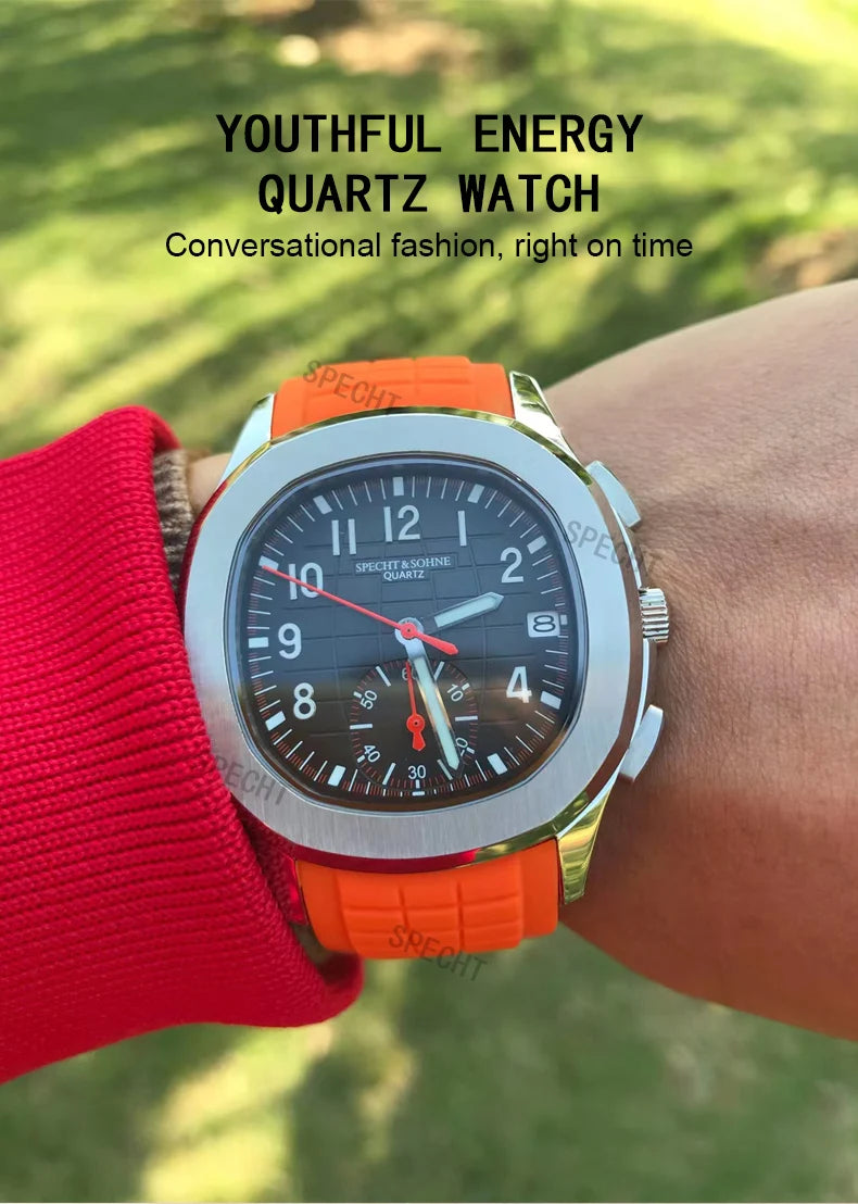Specht & Söhne New Classic 5167 Men's Watch Orange Color Sapphire Crystal Rubber Srap Sports Male Quartz Watches 50M Waterproof