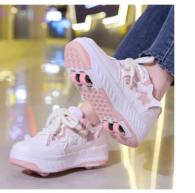 Chaussures de roller pour enfants - Roues rechargeables, couleurs tendance, finition brillante, pour les anniversaires, pour garçons et filles, chaussures décontractées deux-en-un