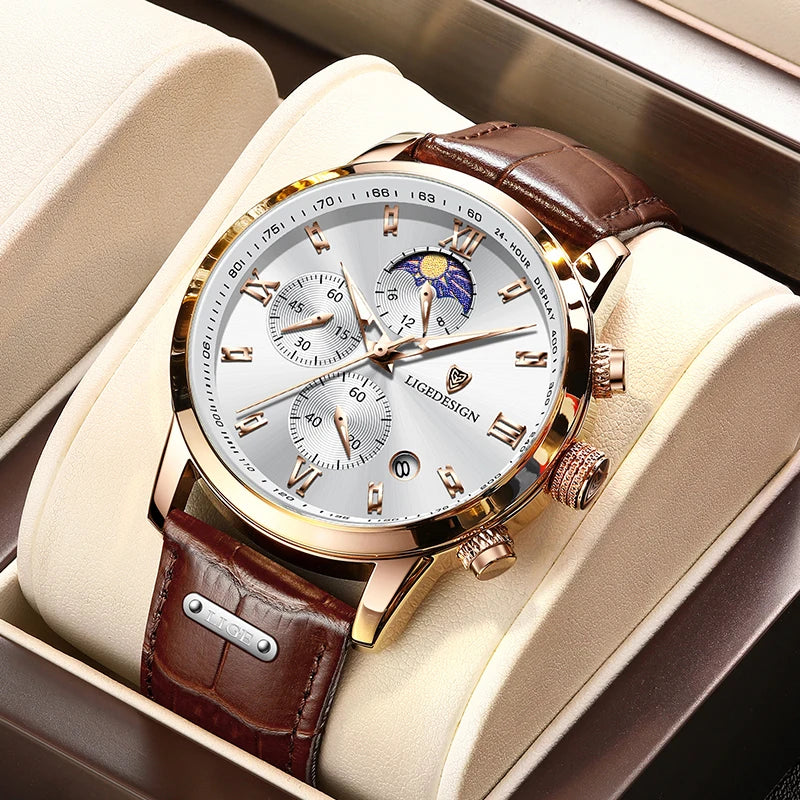 Montre pour homme LIGE – Chronographe sportif, style décontracté, bracelet en cuir, étanche, mouvement à quartz, design militaire