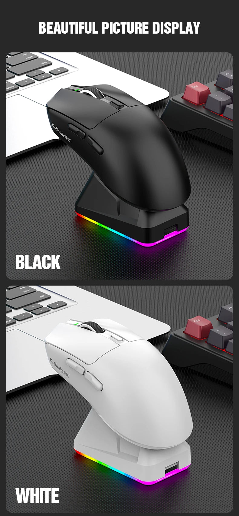 K-Snake X11 Bluetooth Wireless Gaming Mouse, Tri-Mode RGB Rechargeable Mouse with PAW3311 Sensor, 12000 DPI Magnetic Charging Gaming Mouse for PC, Laptop & Office