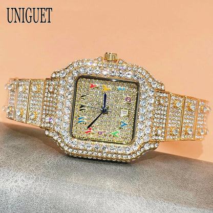 UNIGUET New Women Full Diamond Iced out Watch Fashion Square Rainbow Dial Hip Hop Bling Luxury Quartz Ladies Wristwatch Hot Sale