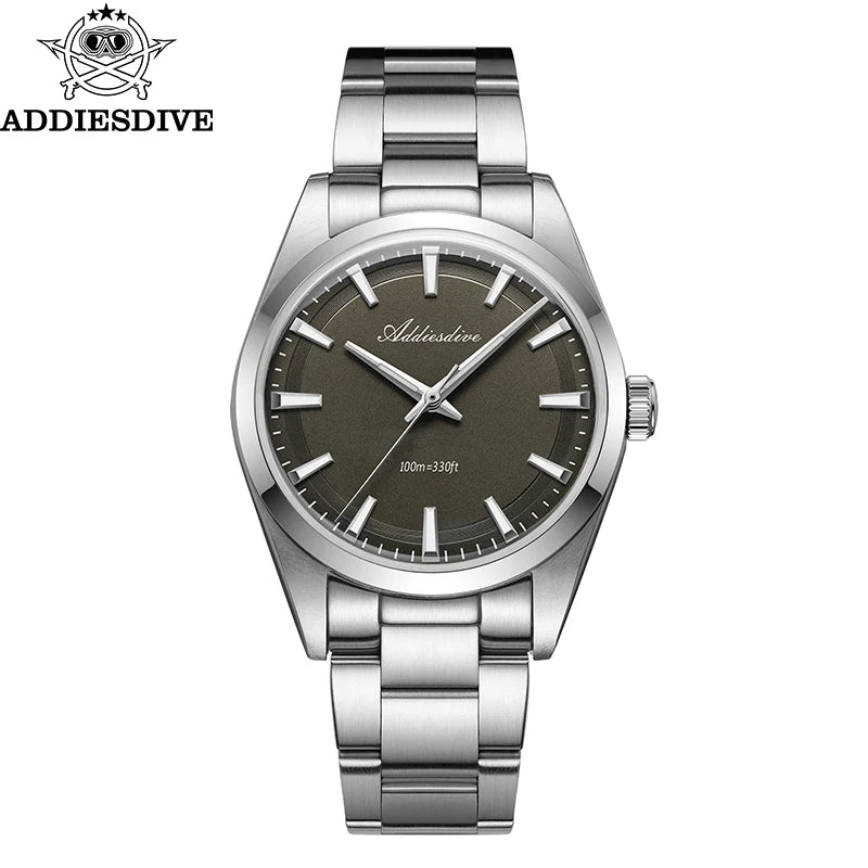 ADDIESDIVE herenhorloge van staal, luxe uitvoering, voorzien van een gewelfd glas, een quartz uurwerk en een blauwe lichtgevende coating BGW9; waterdicht tot 100 ATM, analoge weergave – Model AD2066