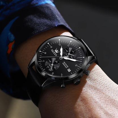 Zegarek męski OLEVS 2880 – elegancki i minimalistyczny chronograf, skórzany pasek, automatyczne wyświetlanie daty, wodoodporny, luminescencyjne wskazówki, mechanizm kwarcowy.