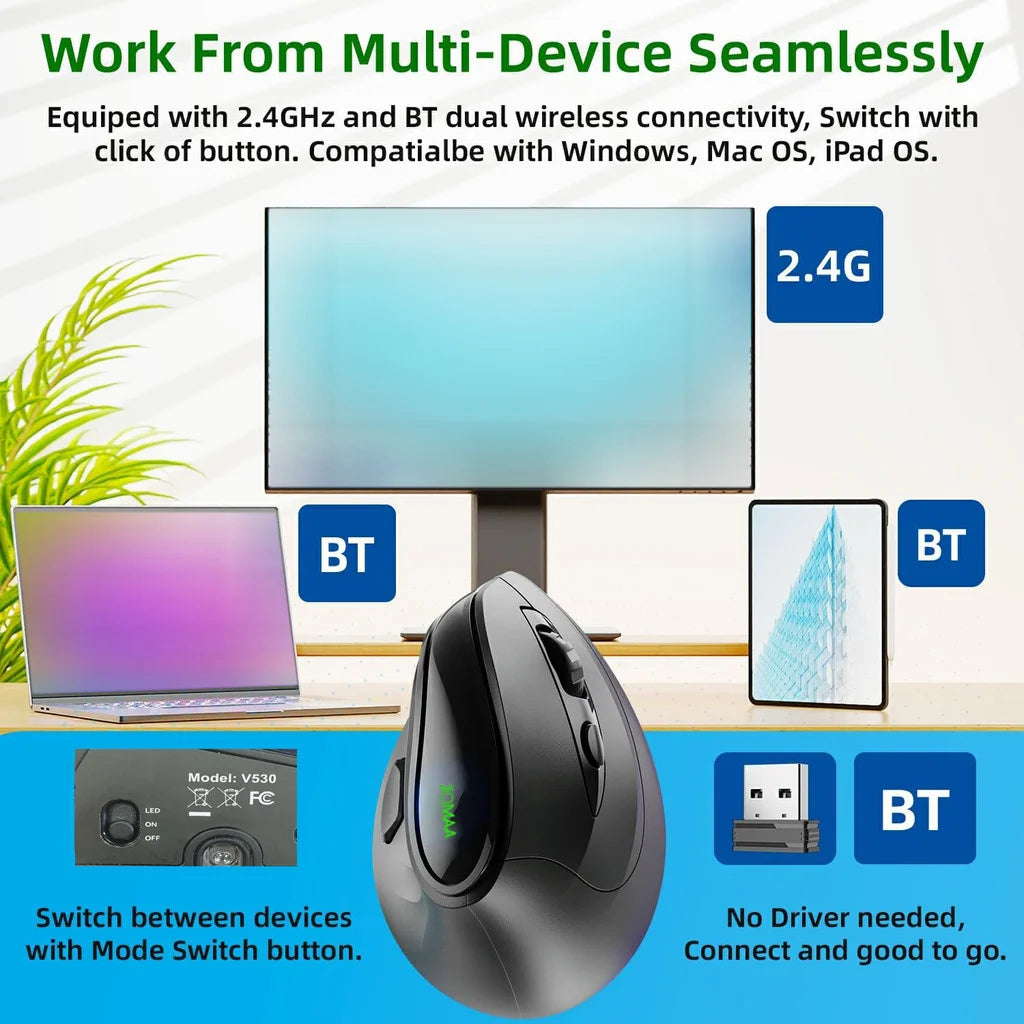 JOMAA RGB Rechargeable Wireless Ergonomic Mouse, Bluetooth & 2.4G Vertical Wireless Mouse with 5 Side Buttons, 8400 DPI for PC, Laptop & Mac