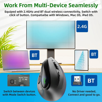 JOMAA RGB Rechargeable Wireless Ergonomic Mouse, Bluetooth & 2.4G Vertical Wireless Mouse with 5 Side Buttons, 8400 DPI for PC, Laptop & Mac