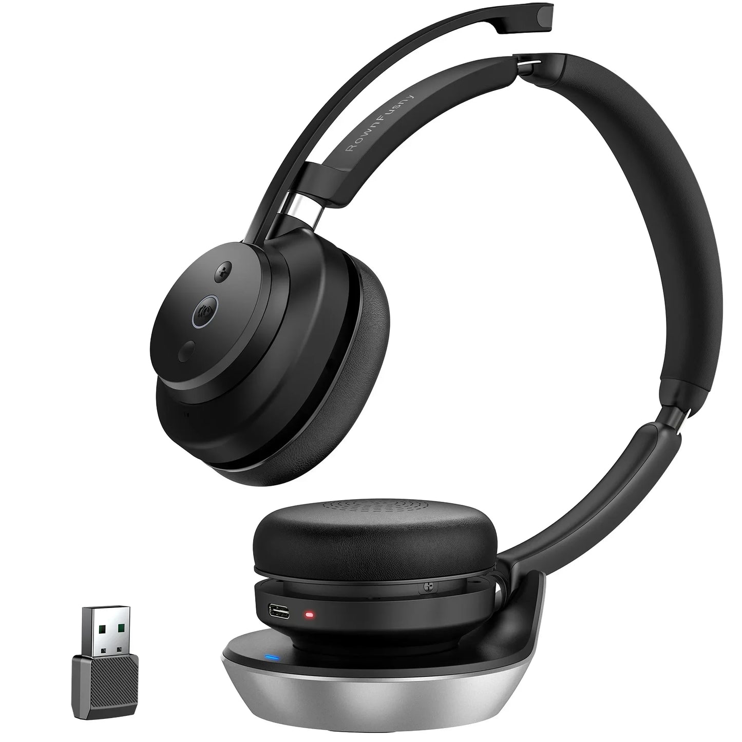Rownfusny Wireless Headset with Mic for Work Bluetooth Over Ear Headphones USB Dongle for Computer/Remote Work/Call Center