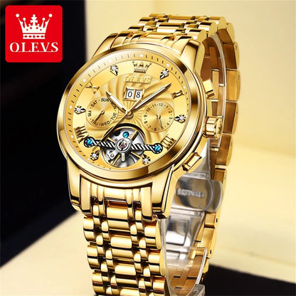 OLEVS 9910 Pánské hodinky Originální luxusní značka Vodotěsné Světélkující Automatické mechanické hodinky Hodinky s dvojitým kalendářem Krabička na hodinky Reloj