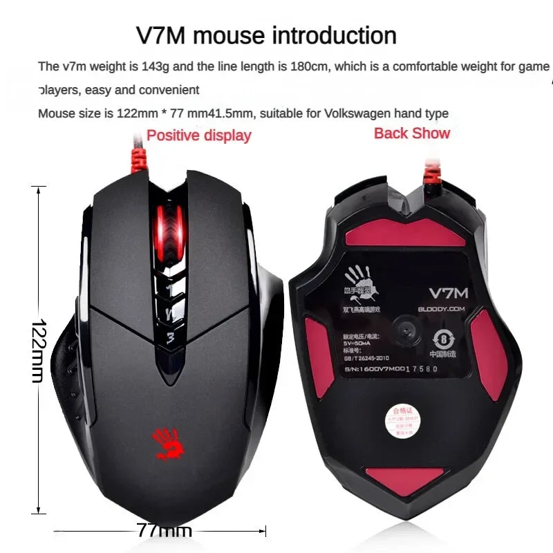 Bloody V7M trådbunden mus RGB lätt ergonomisk design 4000dpi PC kontor e-sport gaming makroprogrammerbar mus för CF LOL CS