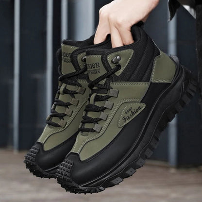 Botas de senderismo de caña media para hombre, en blanco y negro, de cuero impermeable, con plataforma, zapatillas antideslizantes para exterior, calzado informal con suela resistente
