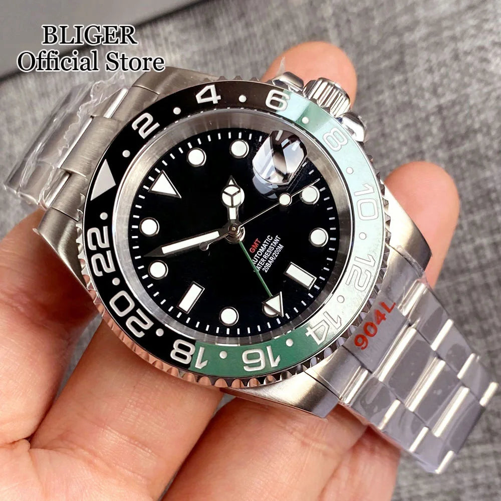 NH34A 200M Waterproof 40mm NH34 GMT Sapphire Luminous Automatic Movement Diving Watch Men Steel Bracelet Black Grey Insert