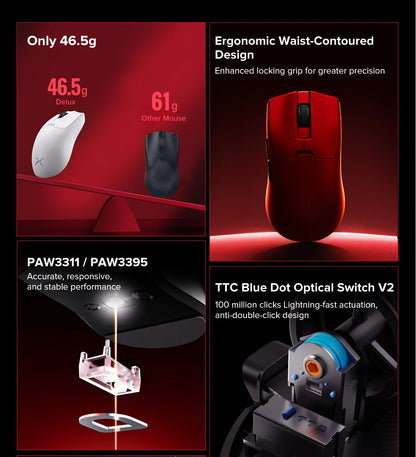 Delux M800mini Wireless Gaming Mouse 46g Lightweight PAW3395 Sensor 26000 DPI, 1000Hz Polling Rate Gaming Mouse for PC Gamer