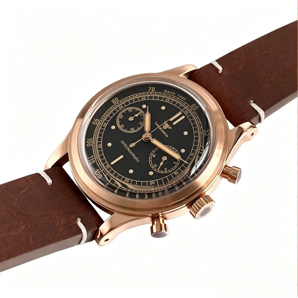 38mm Tandorio Retro Men's Watch Sport Watches Miyota OS20 Movement Chronograph Quartz Clock Black Dial Bubble Arched Glass
