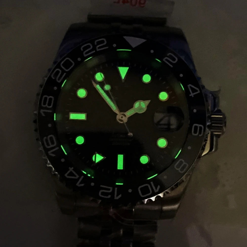 NH34A 200M Waterproof 40mm NH34 GMT Sapphire Luminous Automatic Movement Diving Watch Men Steel Bracelet Black Grey Insert