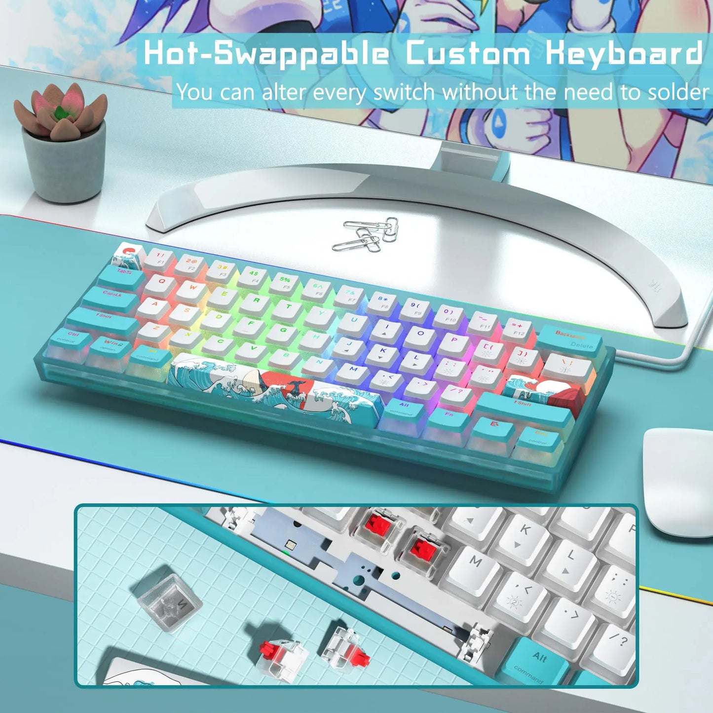 Womier WK61 Mechanical Keyboard RGB Wired Gaming Keyboard Hot-Swappable Blue Sea Theme with PBT Keycaps for Windows PC Gamers