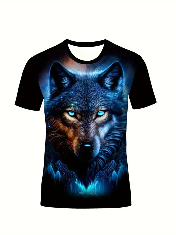 T-shirt da uomo con stampa 3D lupo, girocollo casual, maniche corte, tessuto traspirante e confortevole, abbigliamento streetwear outdoor da uomo