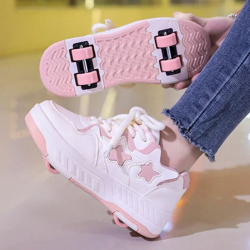 Chaussures de roller pour enfants - Roues rechargeables, couleurs tendance, finition brillante, pour les anniversaires, pour garçons et filles, chaussures décontractées deux-en-un