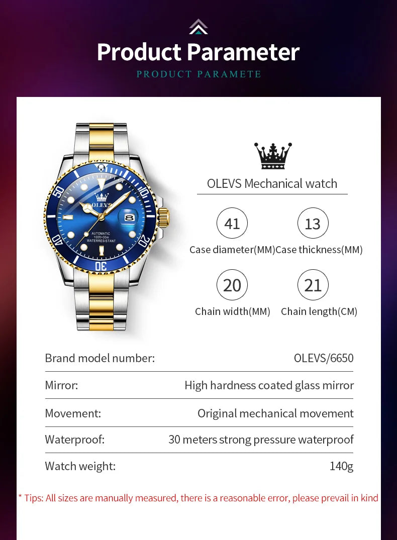 Montre pour homme OLEVS 6650 : montre mécanique automatique classique d'origine pour homme, cadran en zircon, étanche, luminescente, en acier inoxydable