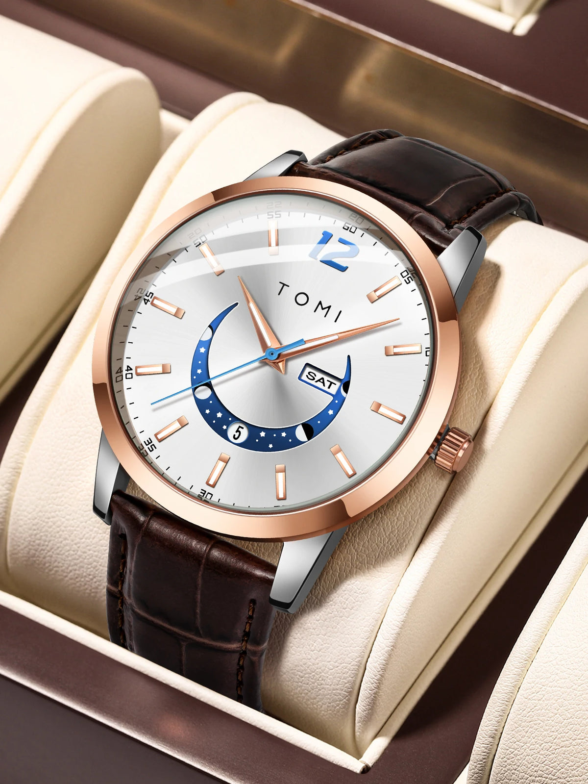 TOMI quartz watch, business-style and elegant, with a leather strap, alloy case and analogue dial – High-end design, a gift idea for men