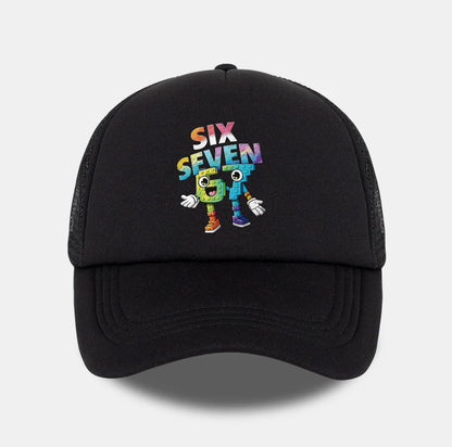 Six Seven Cartoon Number Print Sponge Mesh Cap – Unisex Colorful Building Block Mesh Baseball Cap – Adjustable, Breathable Sun H