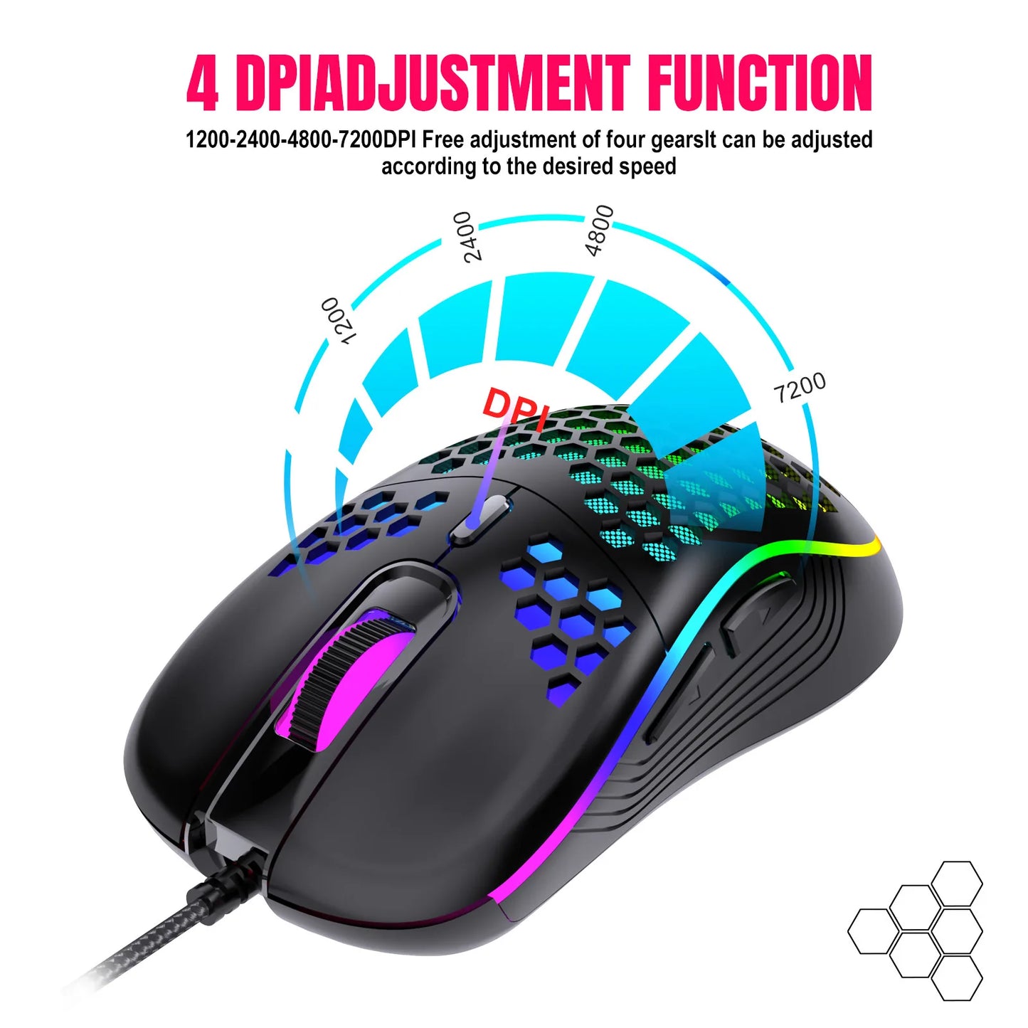 VAORLO USB Wired Gaming Mouse 7200DPI Adjustable Optical Gaming Mouse with RGB Lighting, Ergonomic Mechanical Gaming Mouse for PC, Laptop & Office