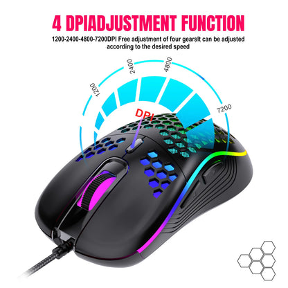 VAORLO USB Wired Gaming Mouse 7200DPI Adjustable Optical Gaming Mouse with RGB Lighting, Ergonomic Mechanical Gaming Mouse for PC, Laptop & Office