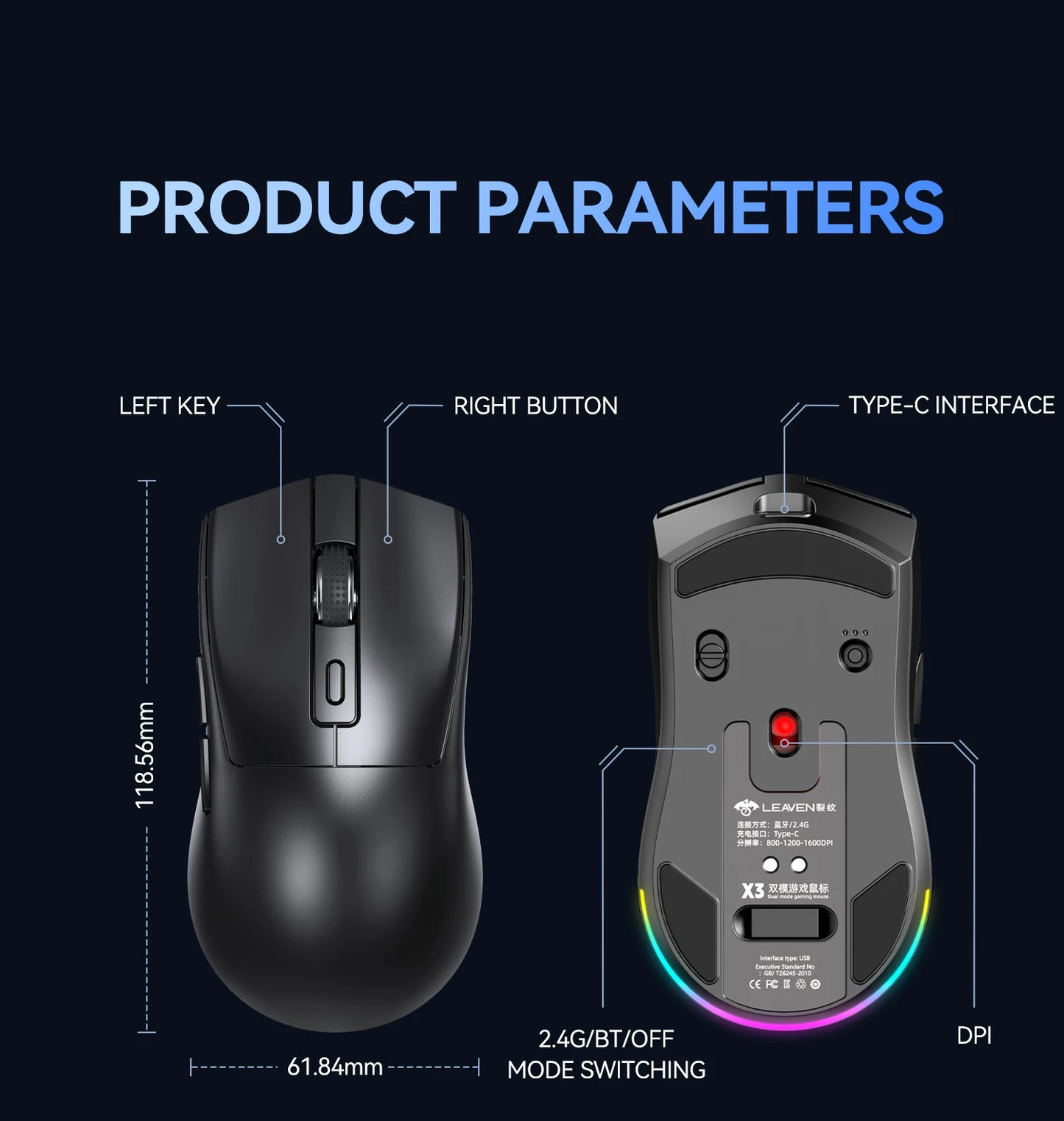 X3 Wireless Bluetooth Mouse Dual-Mode 2.4G Gaming Mouse, Rechargeable RGB Wireless Bluetooth Mouse with Adjustable DPI, Lightweight Ergonomic Mouse